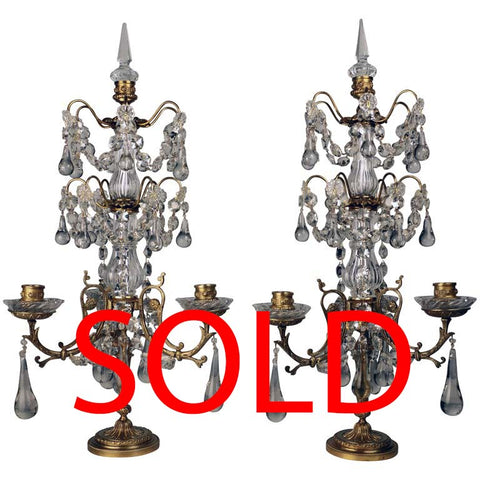 Pair of Louis XVI Style Gilt Bronze and Lead Crystal Three Light Girandoles