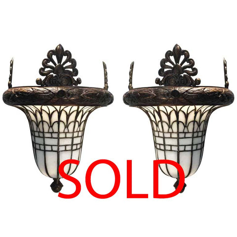 Pair of American Early 20th Century Bronze and Leaded Glass Wall Sconce
