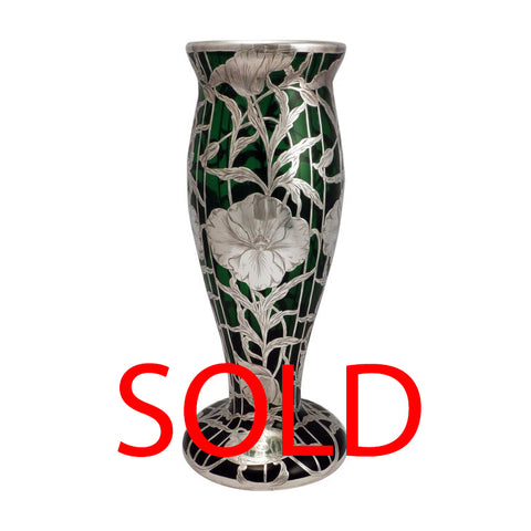 Art Nouveau Silver Overlay Green Vase