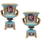 Pair of Bloor Derby Urns, Painted with Flowers on a Pale Blue Ground