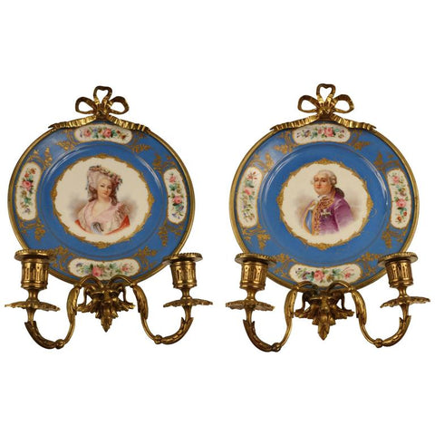Pair of Antique Sevres Cabinet Plates Mounted as Wall Sconces