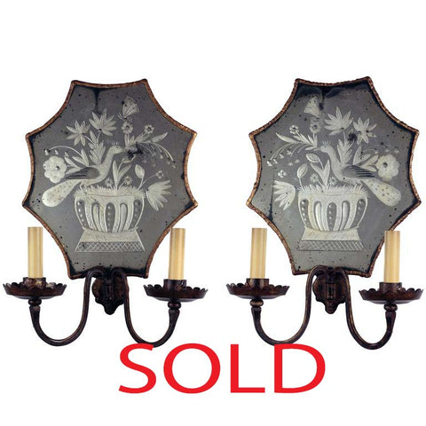 Pair of Etched Mirror Back Wall Sconces