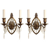 Pair of American E. F. Caldwell Bronze and Lead Crystal Wall Sconces