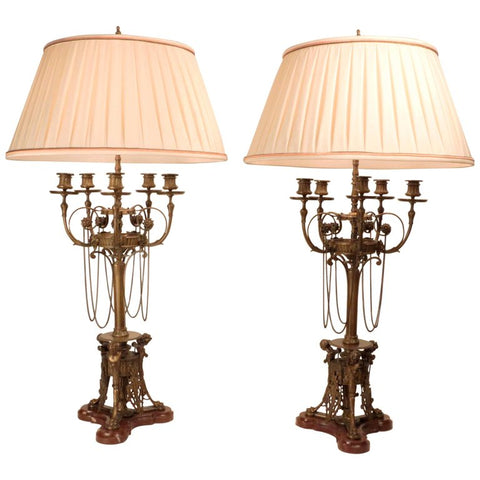 Pair of Renaissance revival Five-Arm Candelabras Mounted as Lamps
