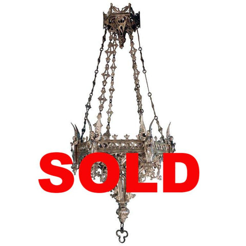 French Neo-Gothic Silvered Bronze Hanging Fixture