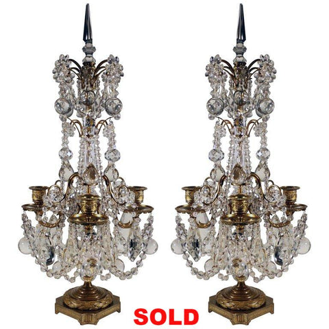 Pair of French Louis XVI Bronze and Cut Lead-Crystal Girandoles