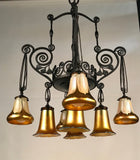 French Art Deco Iron Eight-Light Chandelier with Quezal Shades