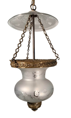Bronze Mounted, Frosted  and Hand Cut Bell Jar Lantern