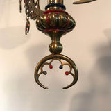 French "Orientalist" Three-Light Enameled Brass Gasolier with Art Glass Shades