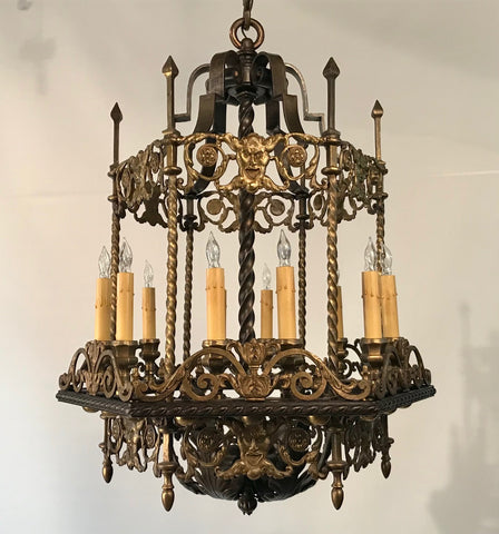 An Antique 12 Light Neo-Renaissance  Bronze and Wrought Iron Chandelier