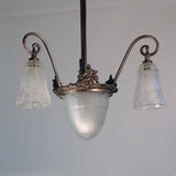 French Art Deco Patinated Bronze Pendant with Three Art Glass Shades