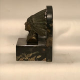 Pair of Art Deco Bookends in Bronze and Marble, Modelled with Chieftains