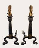 Pair of Arts & Crafts Brass and Wrought Iron Andirons with Matching Tools