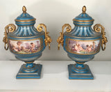 Antique Pair of French "Sevres" Bleu Celeste and Gilt Bronze Covered Urns