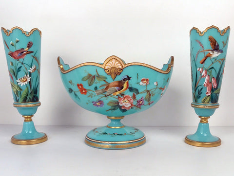 Three-Piece French Enamelled Glass Garniture, Attributed to Baccarat