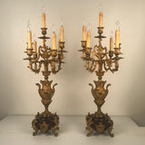 Pair of Antique French Six Arm Candelabra, Bronze Dore on Rouge Marble Bases