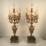 Pair of Antique French Six Arm Candelabra, Bronze Dore on Rouge Marble Bases