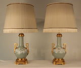 Pair of Antique French Pate Sur Pate Celadon Porcelain Lamps