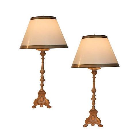 Pair of Quebec Pricket Candlesticks Adapted as Lamps