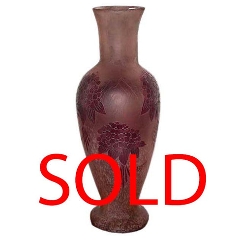French Art Nouveau Acid Etched Cameo Glass Vase, Signed Legras