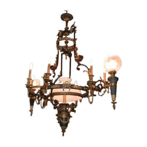 French Belle Epoque Empire style Gasolier and Oil Reservoir Chandelier