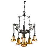 French Art Deco Iron Eight-Light Chandelier with Quezal Shades